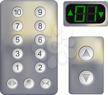 Realistic Control panel of the elevator on a white background. Metal elevator panel with 
buttons and numbers of floors. Vector illustration of the elevator panel. Isolated object