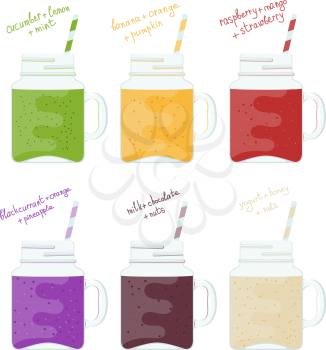 Illustration set of glass jars with colorful smoothies. Natural healthy food. Vitamin drinks smoothie on a white background. Cartoon style. Flat style smoothies.