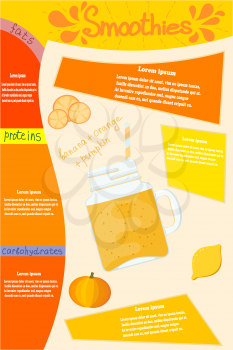 Orange smoothies. Glass glass with a vitamin cocktail smoothie of banana, orange and pumpkin with elements of infographics and text. Vector illustration of a natural and healthy food.
