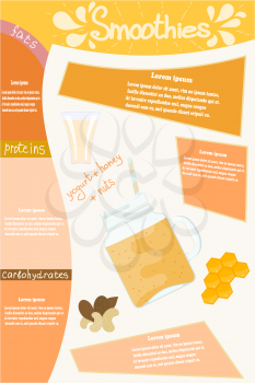 Honey Sweet smoothies. Glass glass with a vitamin cocktail smoothie of nuts, yogurt, honey 
with elements of infographics and text. Vector illustration of a natural and healthy food.