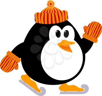 Vector illustration of a cute little penguin in a knitted cap and mittens skating. Winter sport. 
Figure skating. Baby penguin playing on the ice.