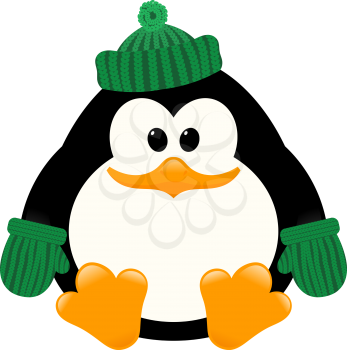 Vector illustration of a young cute penguin in a knitted cap and mittens sitting on the ice. 
Isolate. Winter sitting Baby Penguin