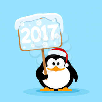 Vector illustration of a cute little penguin with the tablet 2017. Symbol of the coming New 
Year. Baby penguin with a wooden sign in his hands. Cartoon style.
