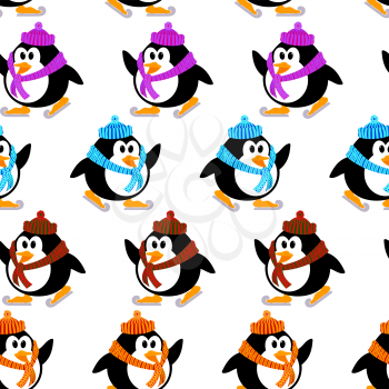 Seamless vector texture with penguins on skis. Vector pattern with cute little penguins 
skating.