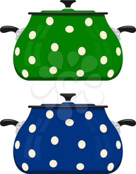 Green and blue cartoon saucepan on a white background. Kitchen utensils. Color image red pots. Stock vector