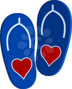 Vector illustration of a pair of blue slap a red heart. Symbol of love and affection. Beach shoes on a white background. Isolated object