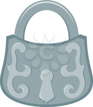Vector illustration of abstract vintage metal padlock on a white background. Retro Castle with a decorative ornament in Cartoon style. Vintage object - padlock, design element