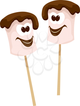 Two sticks with marshmallows with chocolate in Cartoon style on a white background. Vector illustration. Food, fun camping. Food at summer camp