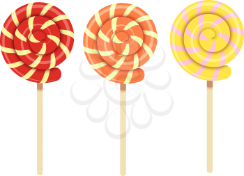 Vector illustration of multicolored spiral sweet lollipops. Fruit candy sweet dessert isolate on a white background