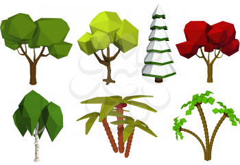 Low poly trees. Vector set of trees in the style of low poli. Birch, spruce, oak, palm. Stock 
vector illustration