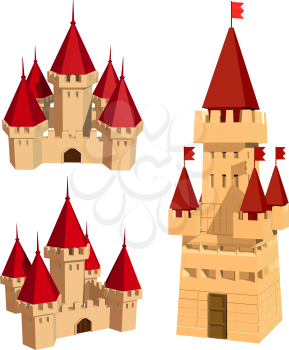 Vector color set of castles and flags on a white background. Abstract ancient building on a white background. Isolated object. Castle, Tower, Flag. Stock vector illustration