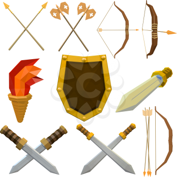 Colorful vector set of medieval weapons isolated on white background. Low poly armed knights. Onions, shield, spear, ax, torch, arrow, dagger. Stock vector illustration