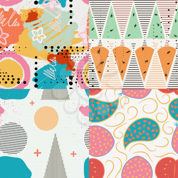 Set of vector color seamless patterns in the Memphis style. Abstraction texture for design and wallpaper. Stock vector illustration