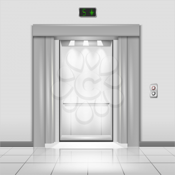 Closed chrome metal office building elevator doors with rays of light in the cab realistic 
vector illustration