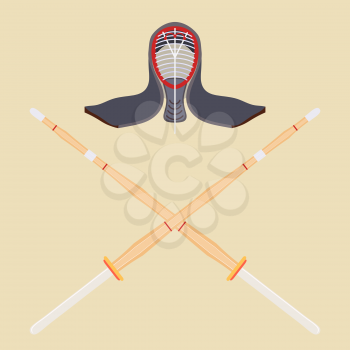 Two crossed bamboo training sword for kendo and protective helmet. Wooden Japanese swords, kendo. Vector kendo weapon