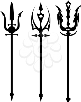 Set vector illustration of abstract black trident on a white background. Isolated objects. 
Ancient weapon. Mythical war weapons.