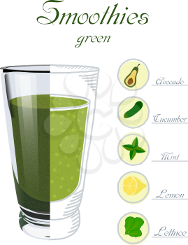 Vector illustration of a glass cup with mint smoothies, salad, lemon, cucumber, avocado. Healthy nutrition. Vegan drink. Healthy breakfast