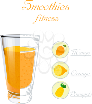 Vector illustration of a glass cup of smoothie made with mango, orange, pineapple. Healthy nutrition. Vegan drink. A healthy breakfast