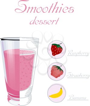 Vector illustration of a glass cup smoothie with raspberry, strawberry, banana. Healthy nutrition. Vegan drink. Healthy breakfast