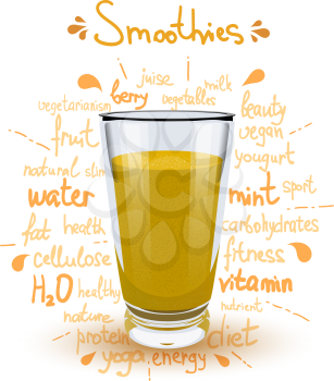 Vector illustration high glass cup with a yellow smoothies. Healthy nutrition - a smoothies. Color image of yellow smoothies on a white background with the text and the shadow.