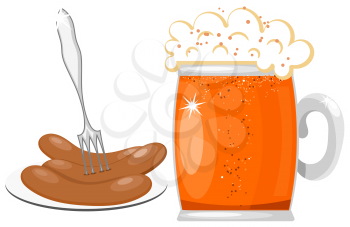 Vector illustration of a glass mug of beer with foam and a plate with sausage and fork. Isolated 
food object. Cartoon beer and sausages