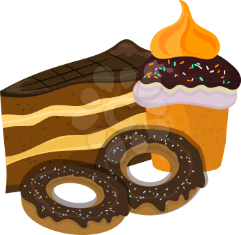 Vector illustration of a piece of cake, donuts and pastries. Cartoon style. Sweet food