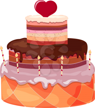 Stock Vector Cartoon festive sweet cake with candles and red heart on a white background. 
Birthday Symbol, Valentine's Day