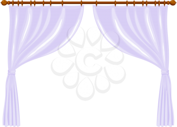Vector illustration of abstract Cartoon light purple curtains on the ledge on a white 
background. Isolated household furnishings. Light purple drape, Cartoon style