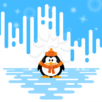 Vector illustration of a cute little penguin in a knitted hat and mittens on winter abstract striped background