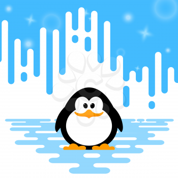 Vector illustration of a cute little penguin  on winter abstract striped background.