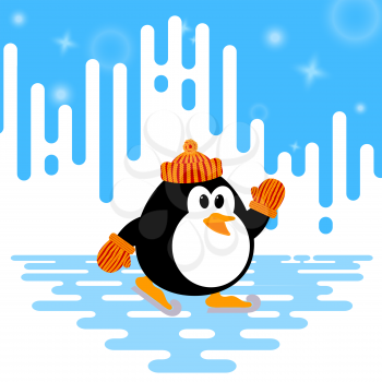 Vector illustration of a cute little penguin ice skating on abstract winter striped background. Winter sport. Penguin engaged in skating