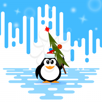 Vector illustration of a cute little penguin in the cap of Santa Claus, Christmas tree with 
Christmas ball
