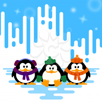 Vector illustration of a set cute little penguin in a knitted hat on winter abstract striped 
background.