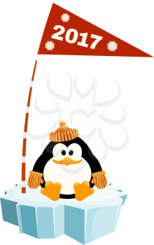 Vector illustration of a little penguin wearing a hat and mittens on the ice with a flag. Waiting for New Year holiday