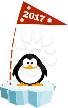 Vector illustration of a little penguin on the ice with a flag. Waiting for New Year holiday