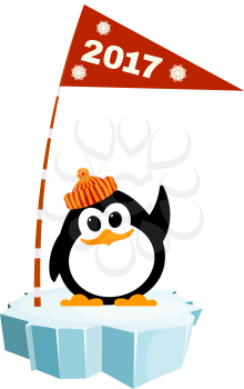 Vector illustration of a little penguin wearing a hat on the ice with a flag. Waiting for New Year 
holiday