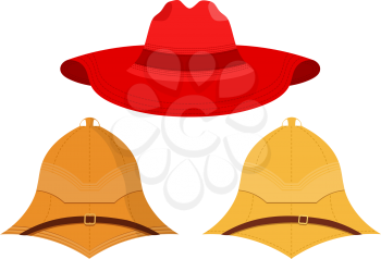 Vector illustration of hats on a white background. Isolated objects. Vector set of caps. Red hat, pith helmet, cork helmet.