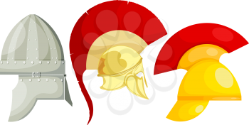 Set of ancient bronze military helmets. Vector illustration of helmets for battle. Set of images 
of ancient armor of Rome, Greece, Persia.