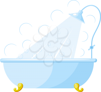 Vector illustration of a bath with shower. Cartoon bath with shower on a white background. Isolated object. Image blue with gold bath stand