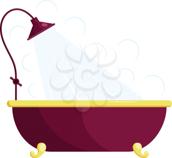 Vector illustration of a red bath with shower. Cartoon bath with shower on a white 
background. Isolated object. Image blue with gold bath stand