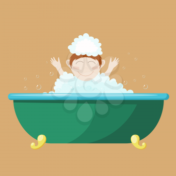 Vector illustration of a small child bathing in a bath. Cartoon drawing of a boy in a bath with 
foam. Health of children. Water treatments