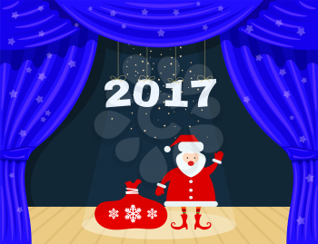 Open blue theater curtain with stars and Santa Claus. Santa Claus at the theater with a bag of gifts. Happy New Year. Speech by 2017. Vector illustration