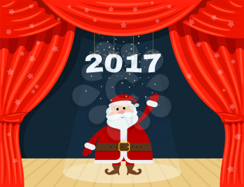 Open red theater curtain with stars and Santa Claus. Santa Claus at the theater. Happy New 
Year. Speech by 2017. Vector illustration