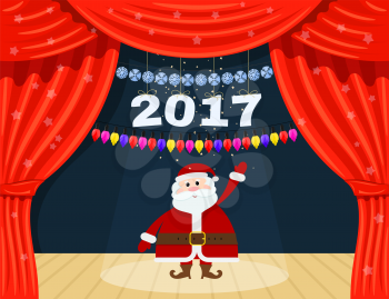 Open red theater curtain with stars, snowflakes, garland and Santa Claus. Santa Claus at the 
theater. Happy New Year. Speech by 2017. Vector illustration