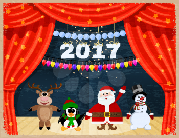 Retro Open red theater curtain with stars, snowflakes, garland and Santa Claus. Vintage card 
Santa Claus and reindeer, snowman, penguinat the theater. Happy New Year. Speech 2017. 
Vector illustratio