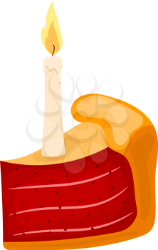 Vector illustration of a piece of cake with candle on a white background. Cartoon cake with 
candle and sweet red berry filling. Food for the holidays, festive dessert