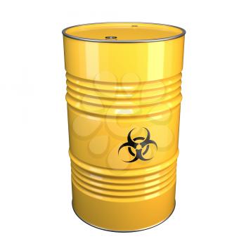 3D illustration of yellow steel barrel with hazardous material and bacteriological danger sign.