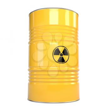 3D illustration of yellow metal barrels with radiation content and radiation sign. Kontspet 
nuclear danger, pollution of the environment. Protection of Nature