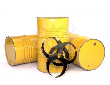 3D illustration of three yellow metal barrels with biological content and bacteriological danger 
sign. Kontspet dangers of environmental pollution. Protection of Nature
