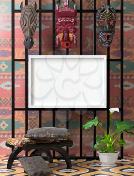 Mock up ethnic interior. Wooden chair with soft colorful pillow. Wooden African mask on the wall. Green calla on bright floor. 3D-rendering.
